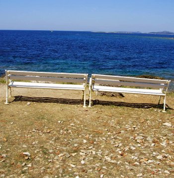 lavička, moře, výhled, odpuštění, obloha, horizont, voda, modrá barva