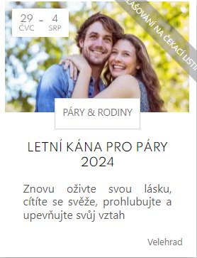 Letní KÁNA  pro páry  2024  29. 7. - 4. 8. 2024 Tuchoměřice, Velehrad