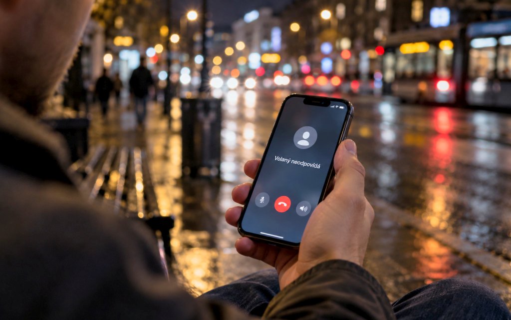 Foto: chat GPT; mobil v ruce, noční ulice, déšť, město, volaný neodpovídá